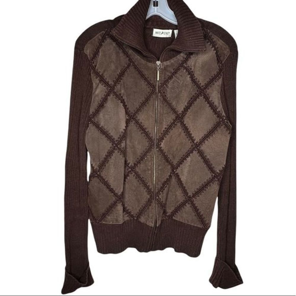 Vintage White Stag Patchwork Suede Zip‎ Sweater